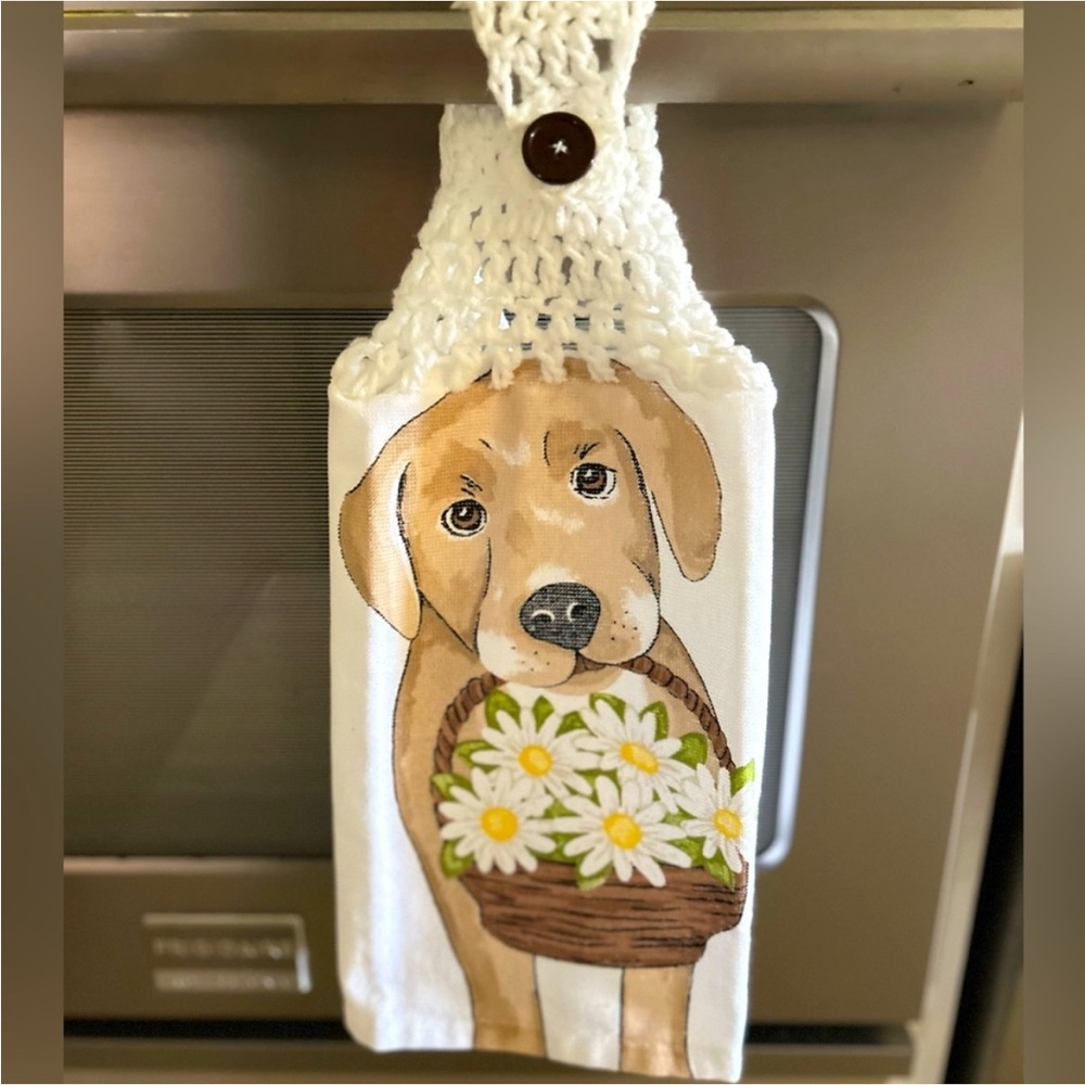 Hand Crafted Hanging Kitchen Hand Towel Dog and Flowers Colorful Crochet Top - Picture 4 of 7
